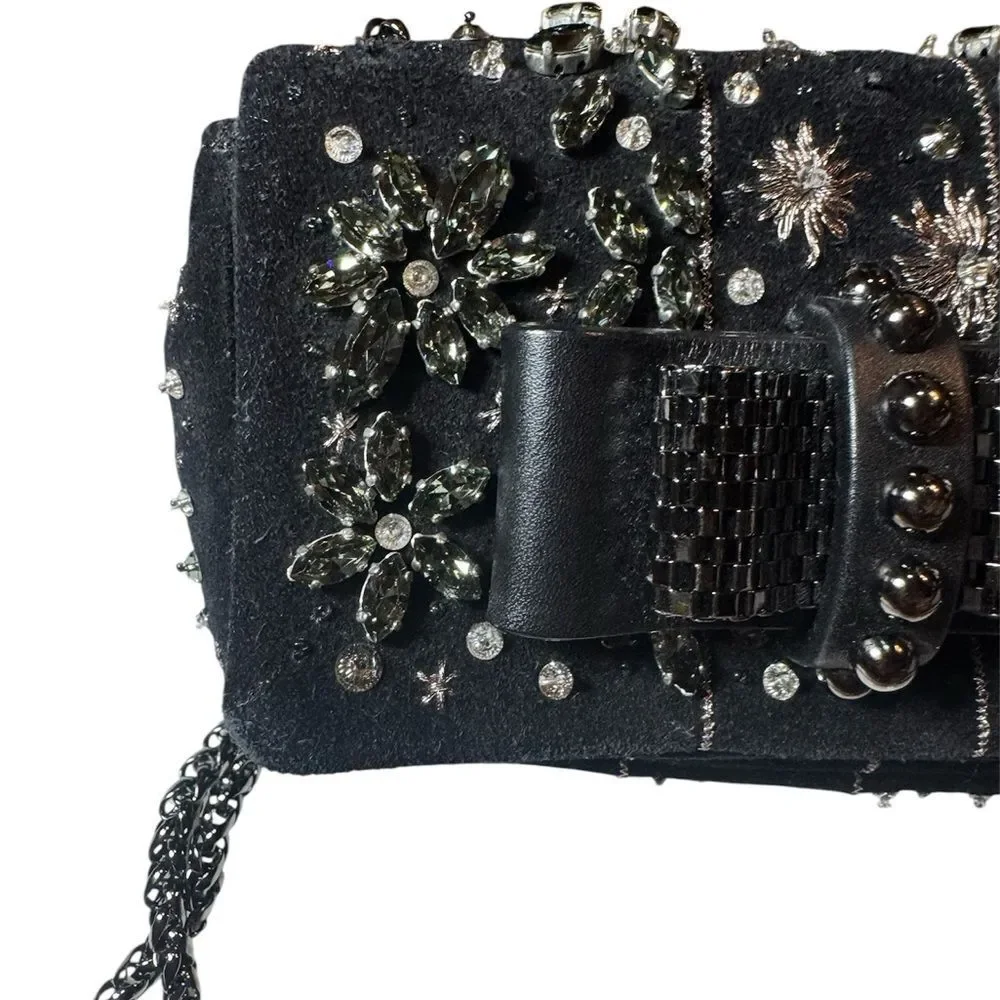 CHRISTIAN LOUBOUTIN Black Suede Sweet Charity Embellished Crossbody Evening Bag